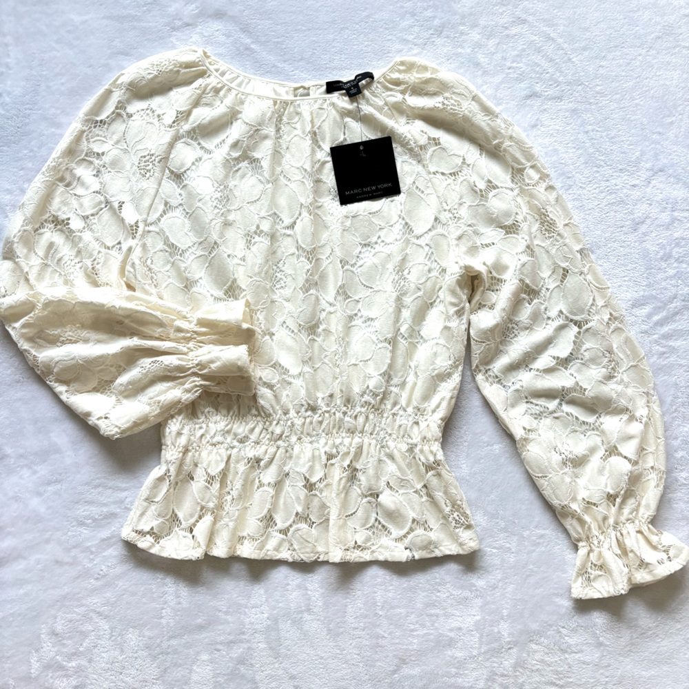 MARC NEW YORK Cream Long Sleeve Lace Blouson Peplum Blouse--NWT--S